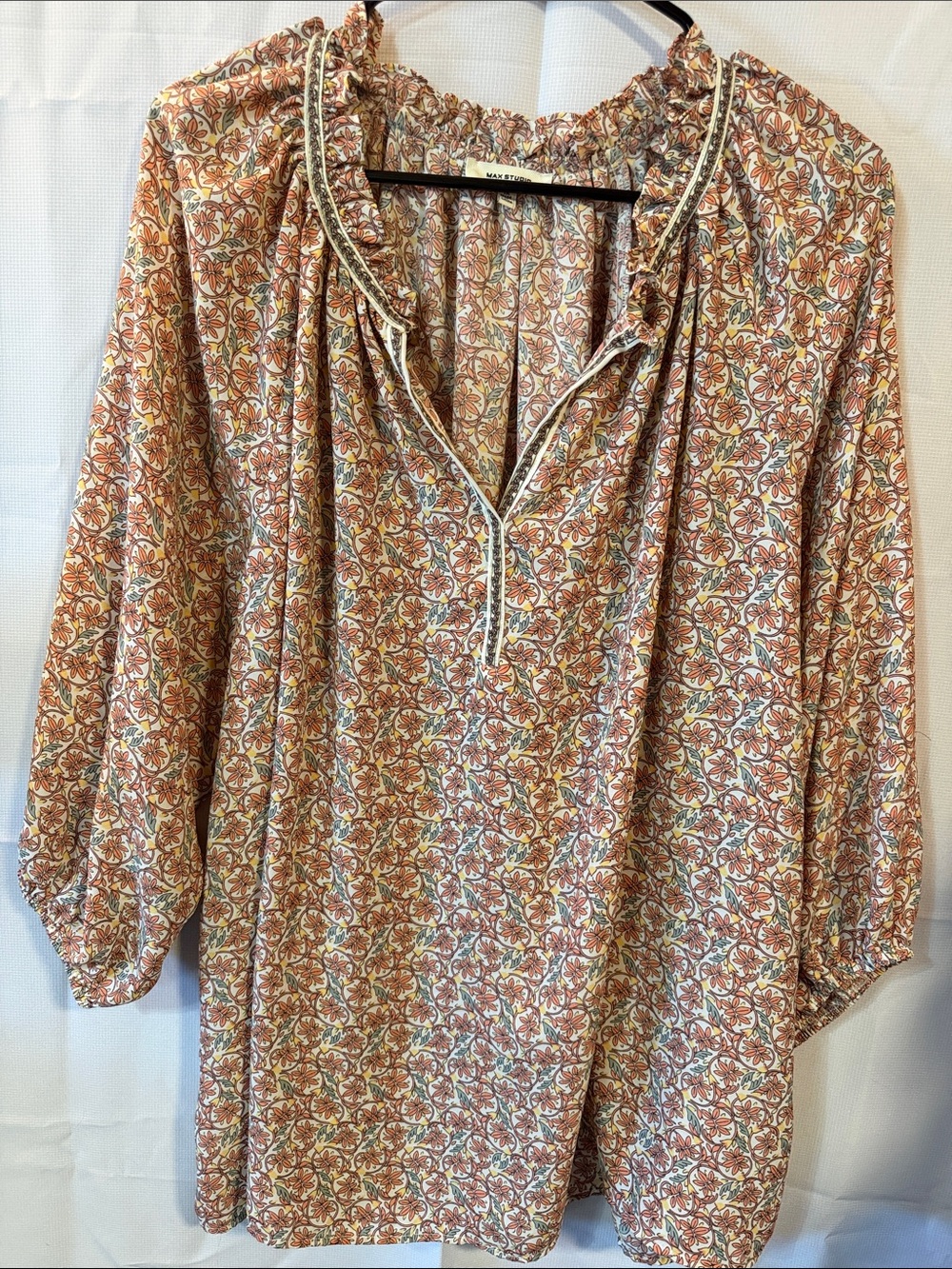 Max Studio Rust and Cream Floral Peasant Tunic